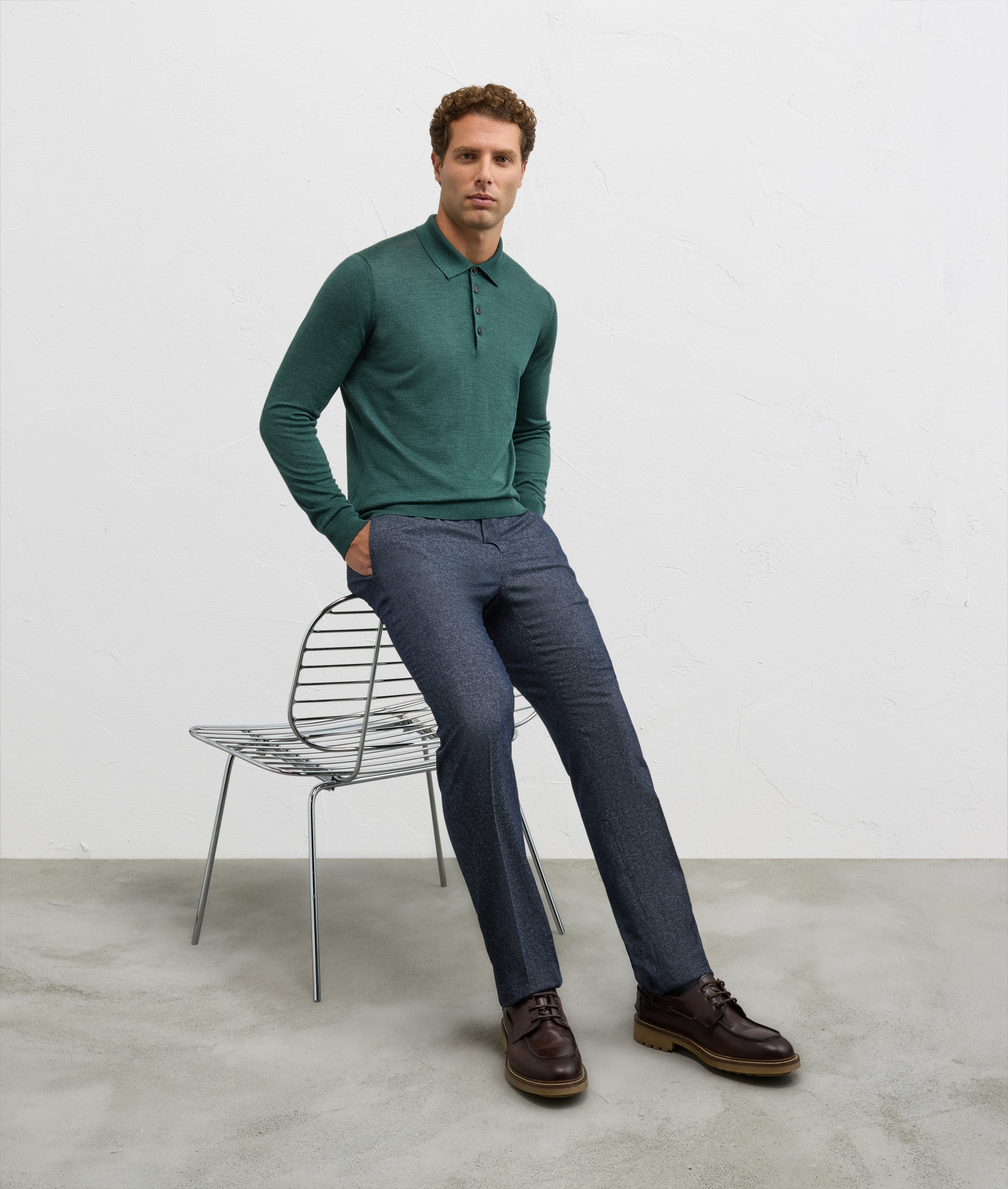 regular fit long sleeve polo in green silk and wool - T-Shirts and Polo - Pal Zileri | Official Website