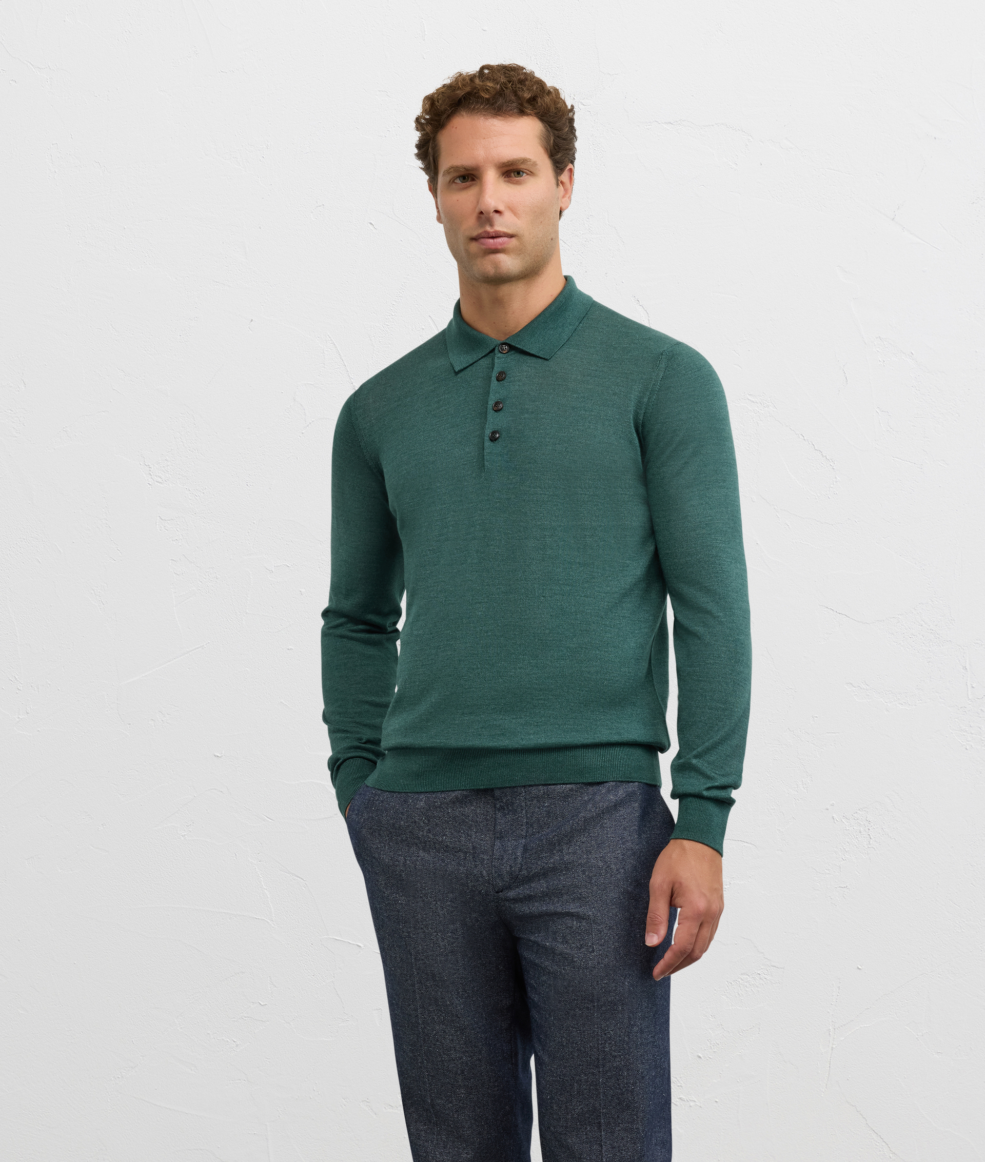 regular fit long sleeve polo in green silk and wool - Pal Zileri | Official Website