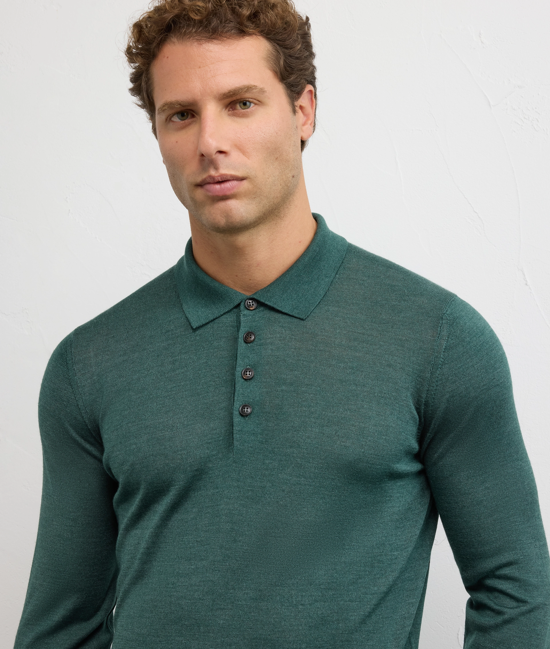 regular fit long sleeve polo in green silk and wool - Pal Zileri | Official Website