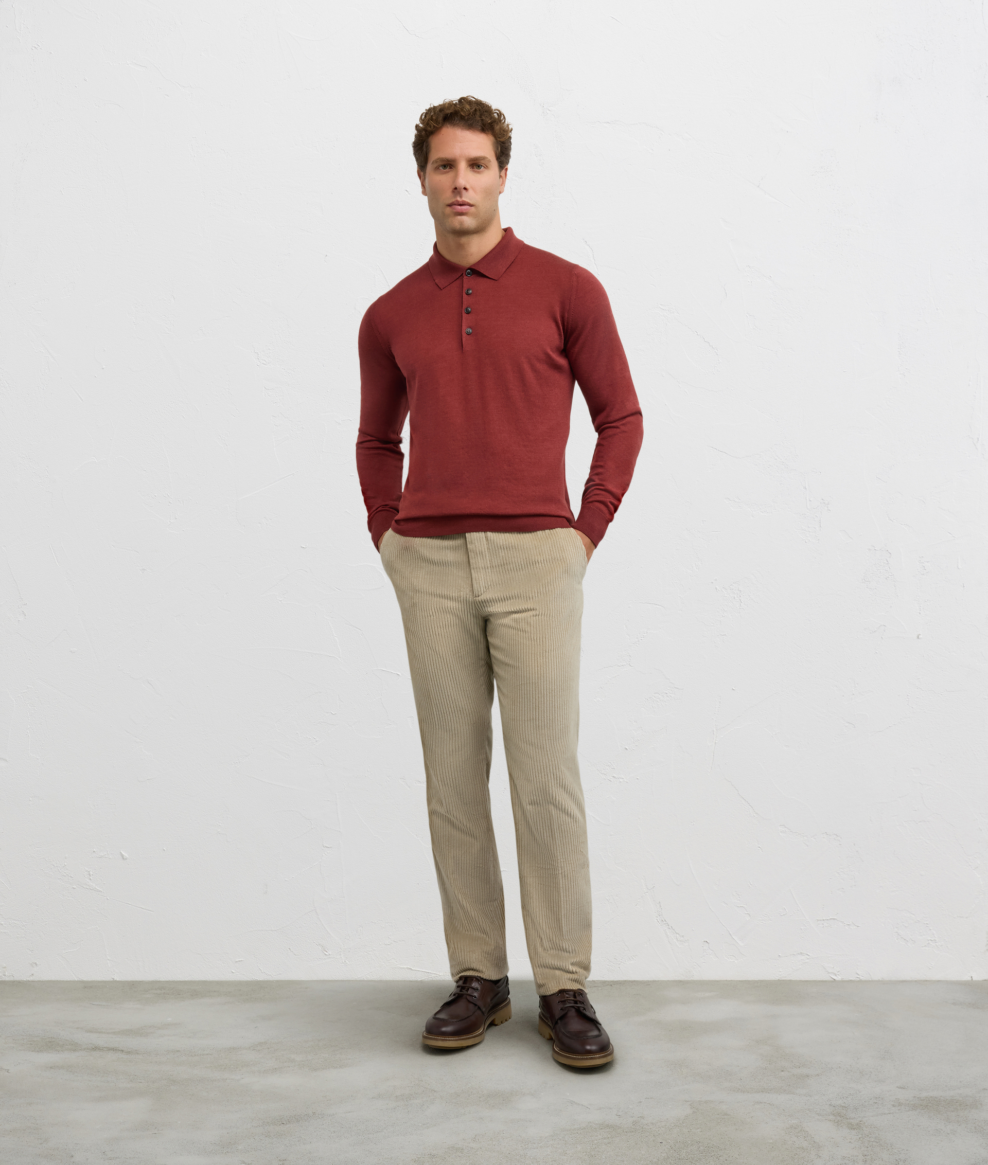 regular fit long sleeve polo in burgundy silk and wool - T-Shirts and Polo - Pal Zileri | Official Website