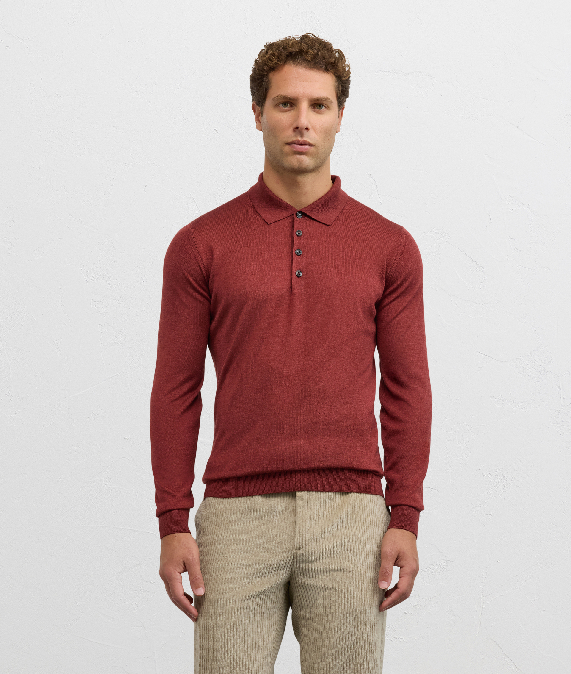 regular fit long sleeve polo in burgundy silk and wool - Pal Zileri | Official Website