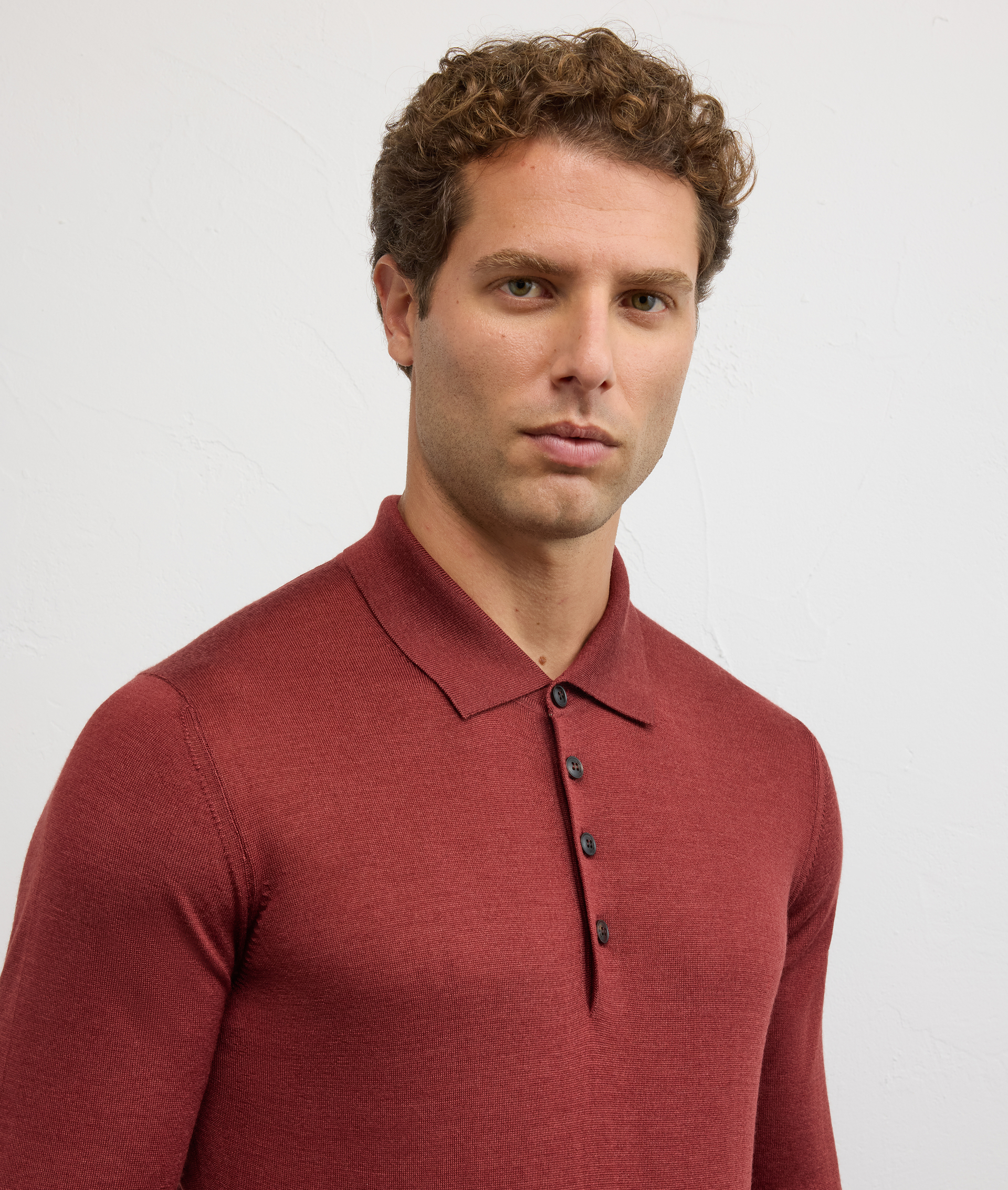 regular fit long sleeve polo in burgundy silk and wool - Pal Zileri | Official Website