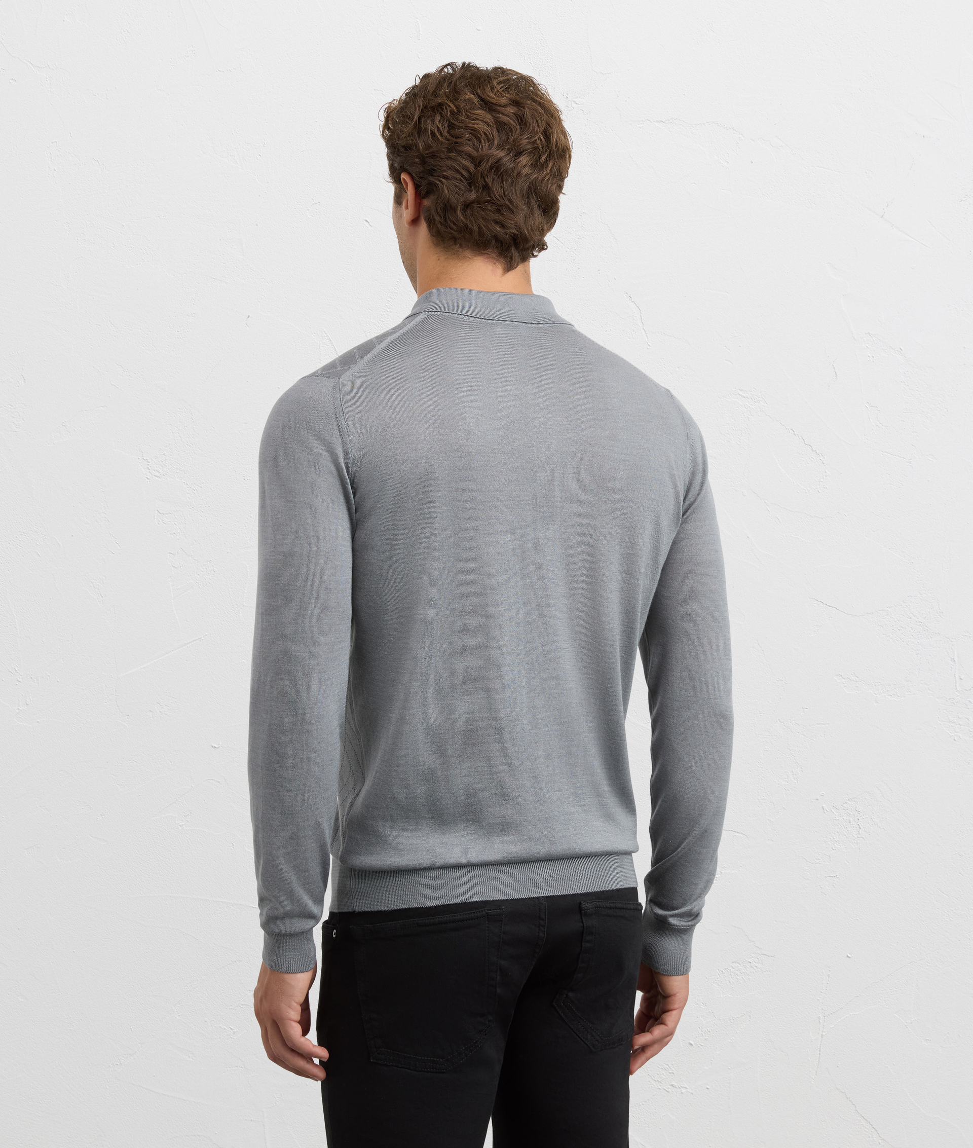 regular fit long sleeve polo in light grey silk and wool | Pal Zileri