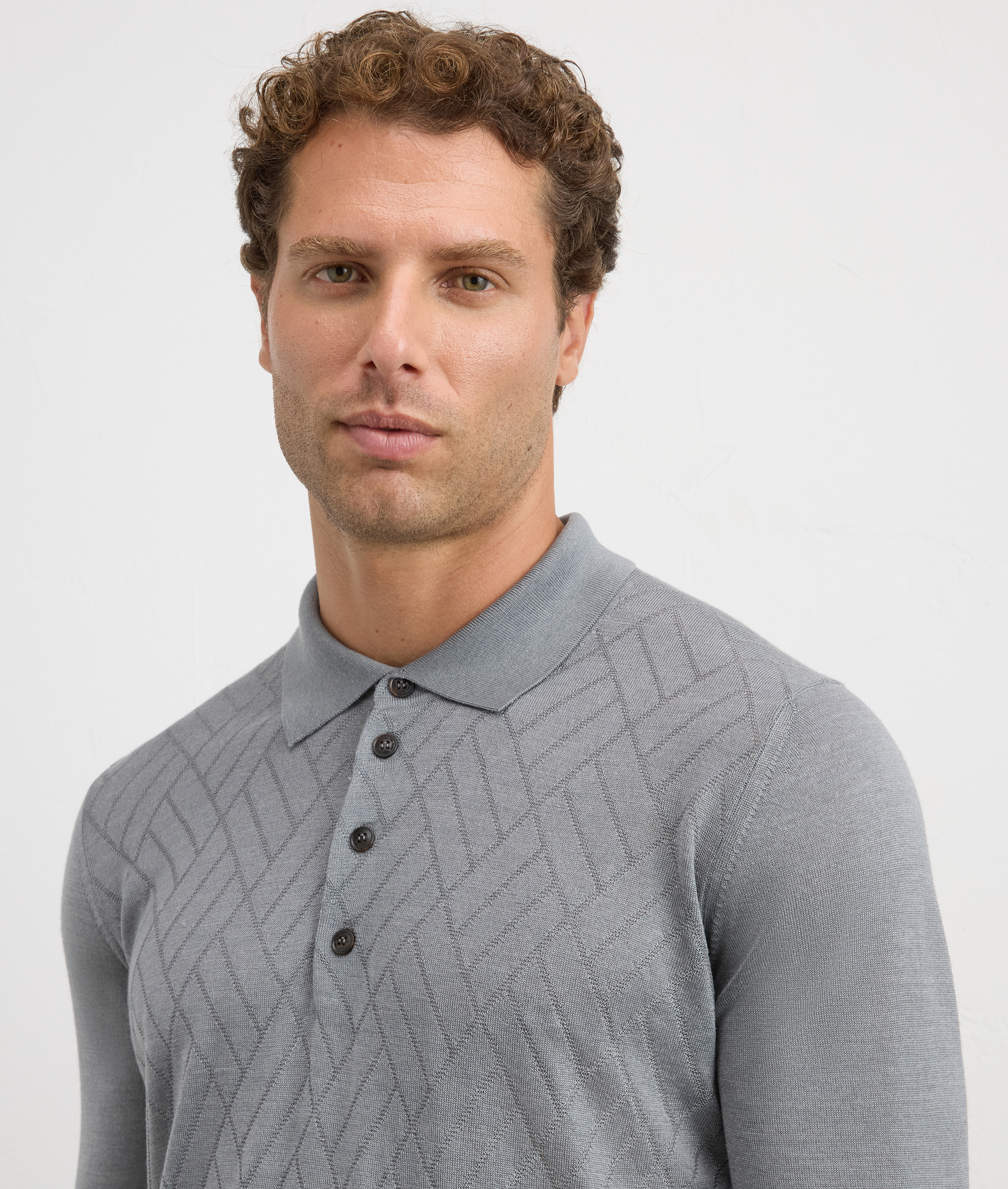 regular fit long sleeve polo in light grey silk and wool | Pal Zileri