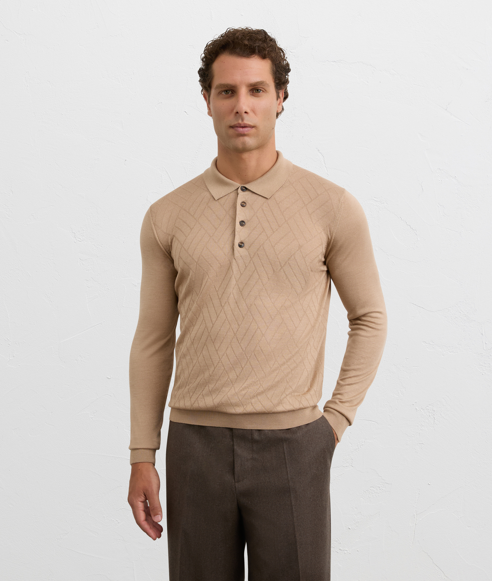 light brown silk and wool regular fit long sleeve polo | Pal Zileri