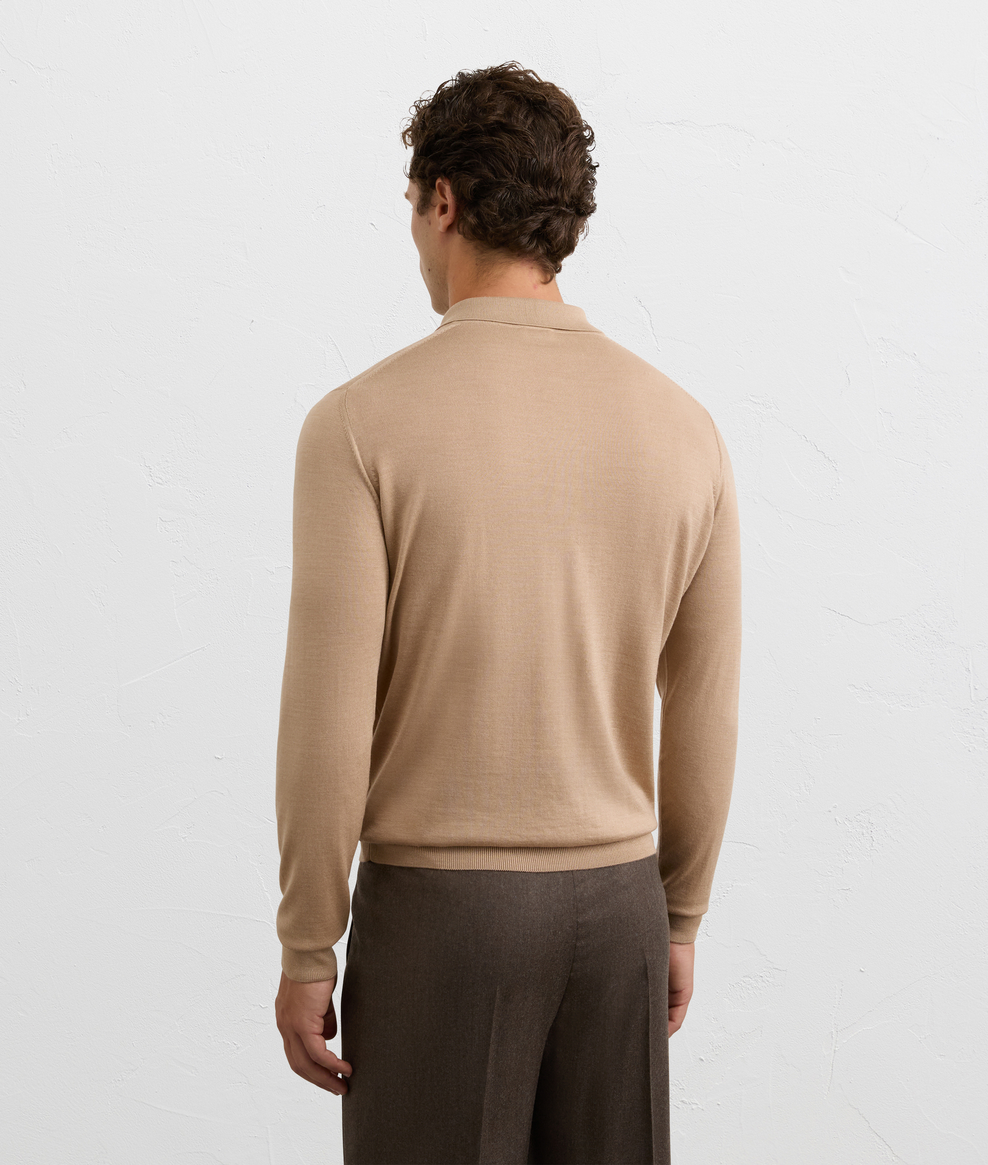 light brown silk and wool regular fit long sleeve polo | Pal Zileri
