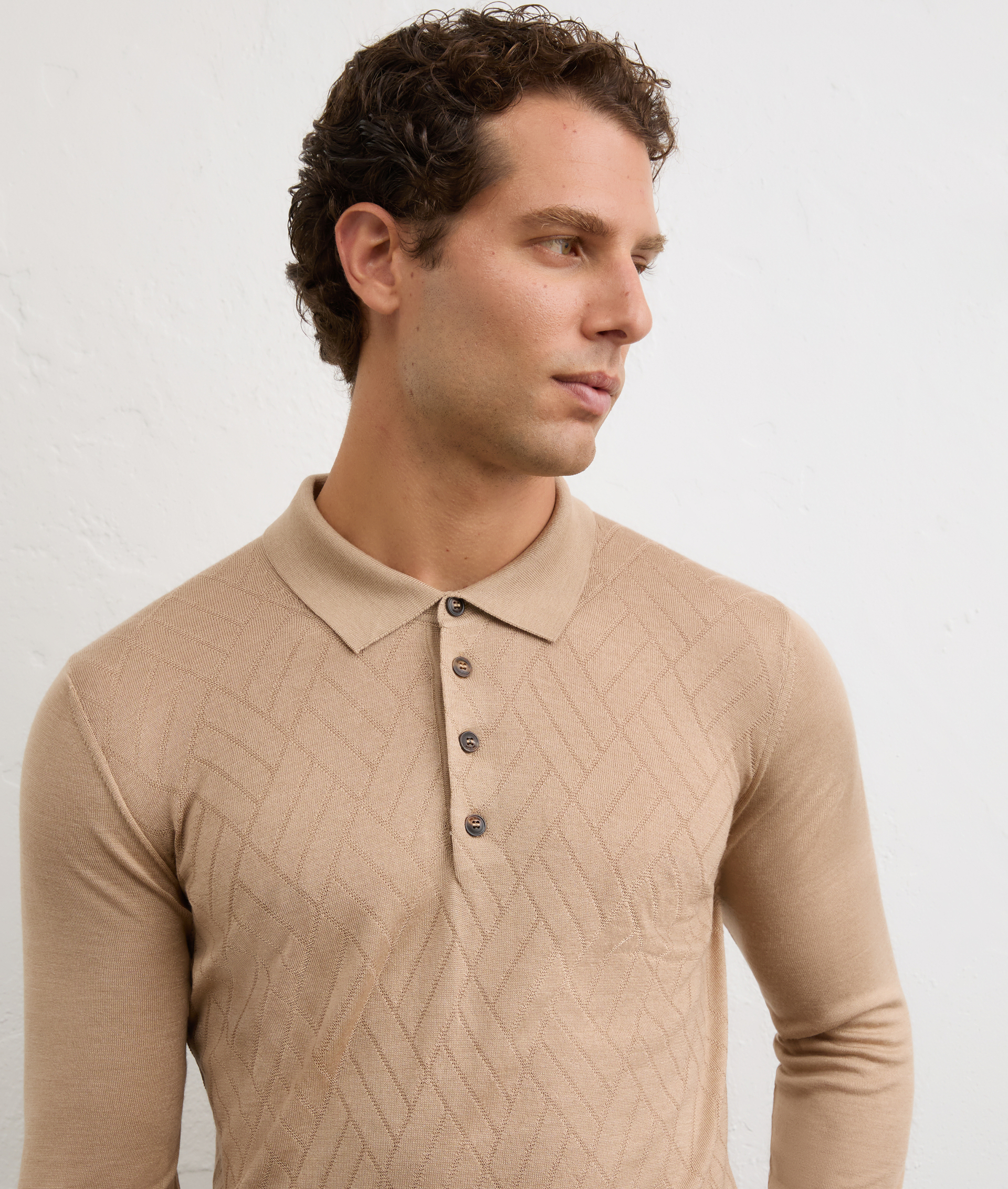 light brown silk and wool regular fit long sleeve polo | Pal Zileri