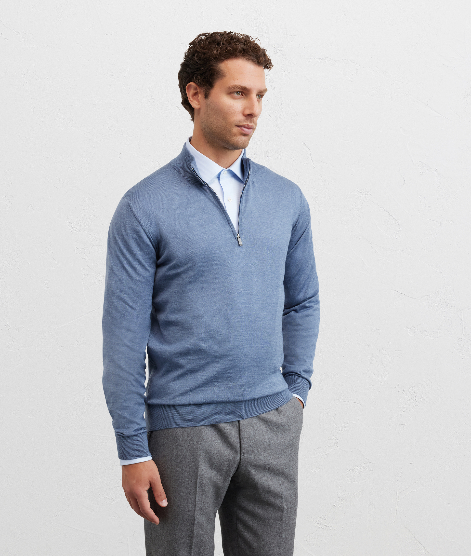 light blue sweater with stand up collar and half zip regular fit in silk and wool - Pal Zileri | Official Website