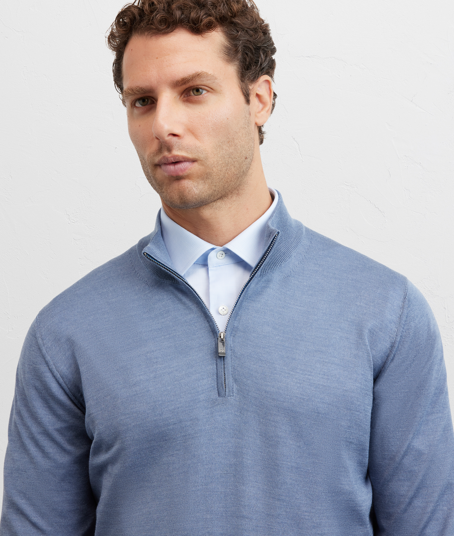 light blue sweater with stand up collar and half zip regular fit in silk and wool - Pal Zileri | Official Website