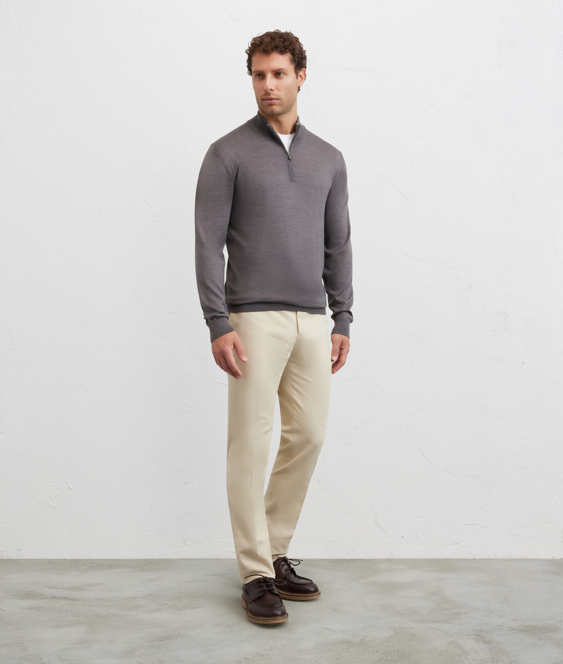 grey sweater with stand up collar and half zip regular fit in silk and wool - Pal Zileri | Official Website