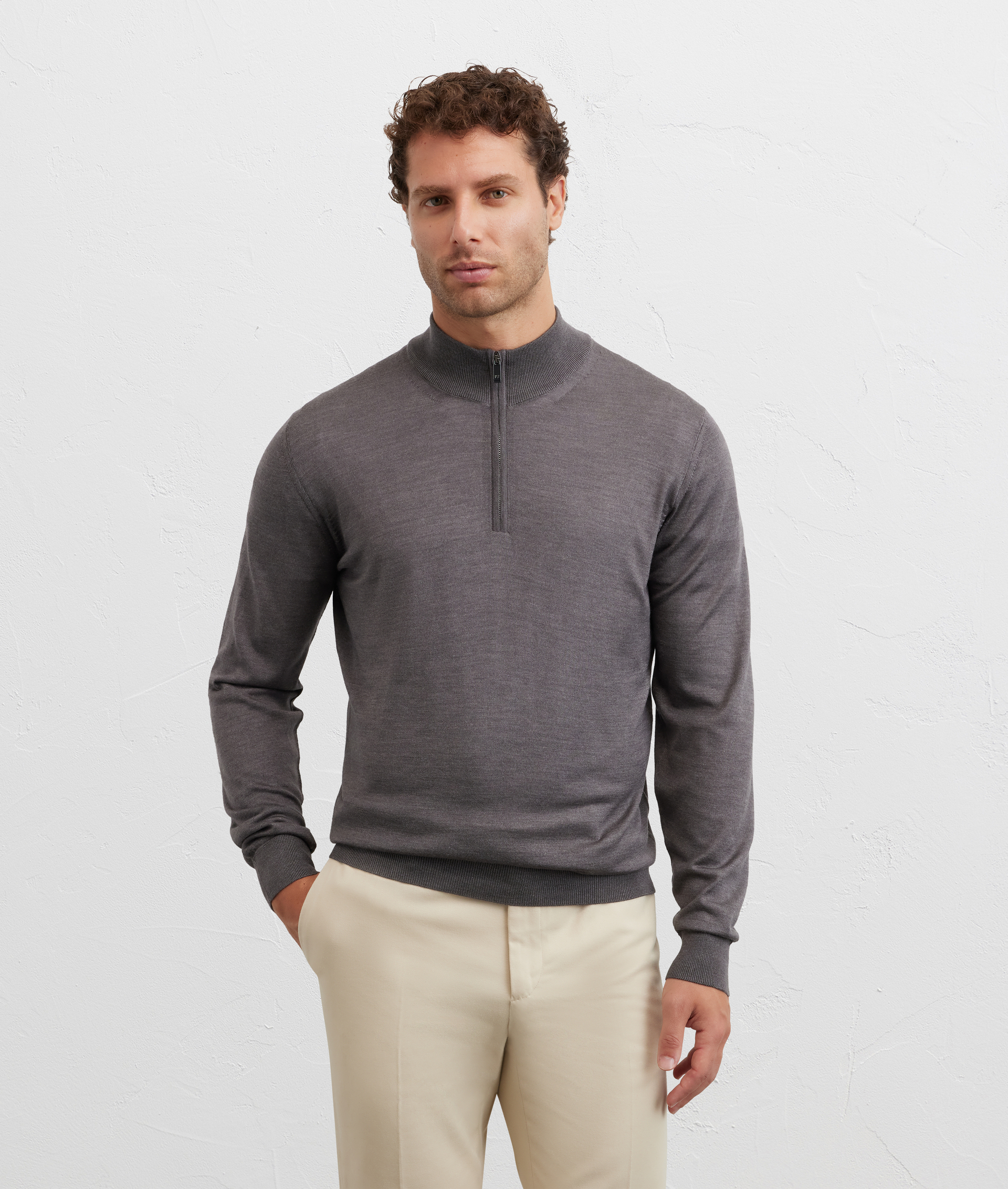grey sweater with stand up collar and half zip regular fit in silk and wool - Pal Zileri | Official Website
