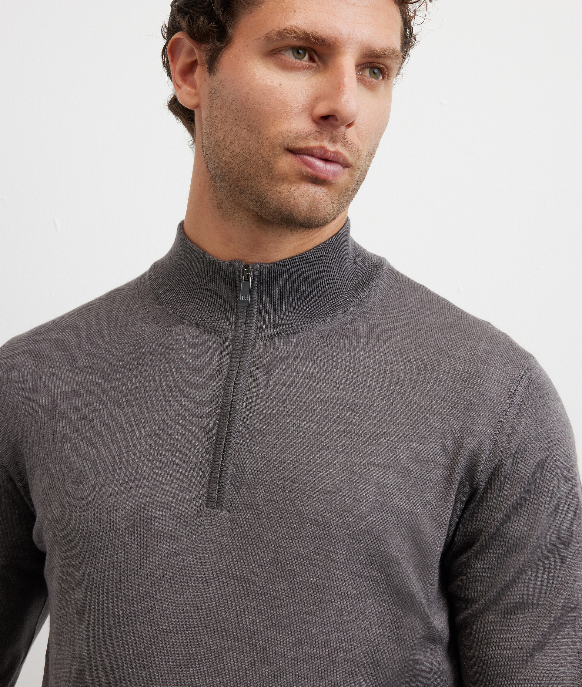 grey sweater with stand up collar and half zip regular fit in silk and wool - Pal Zileri | Official Website