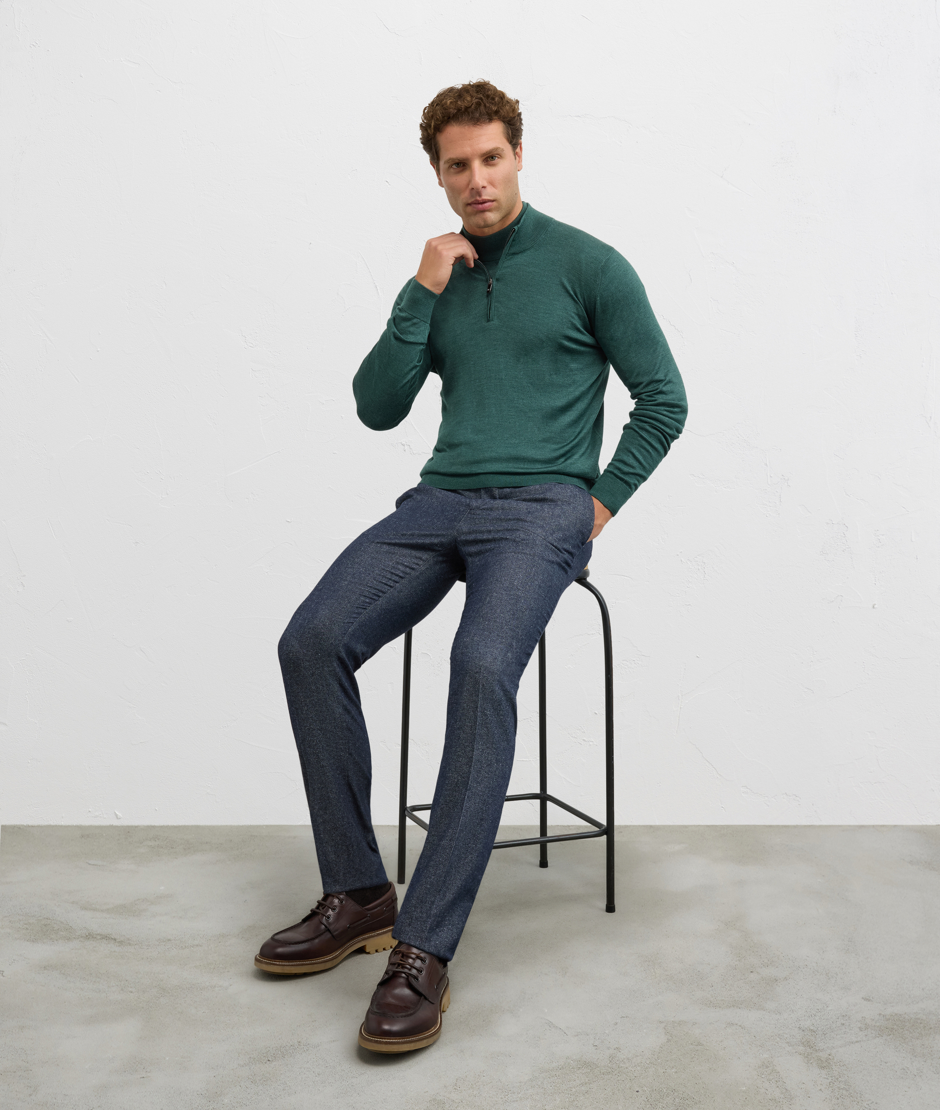 green virgin wool and silk sweater with stand up collar and half zip regular fit - Knitwear - Pal Zileri | Official Website