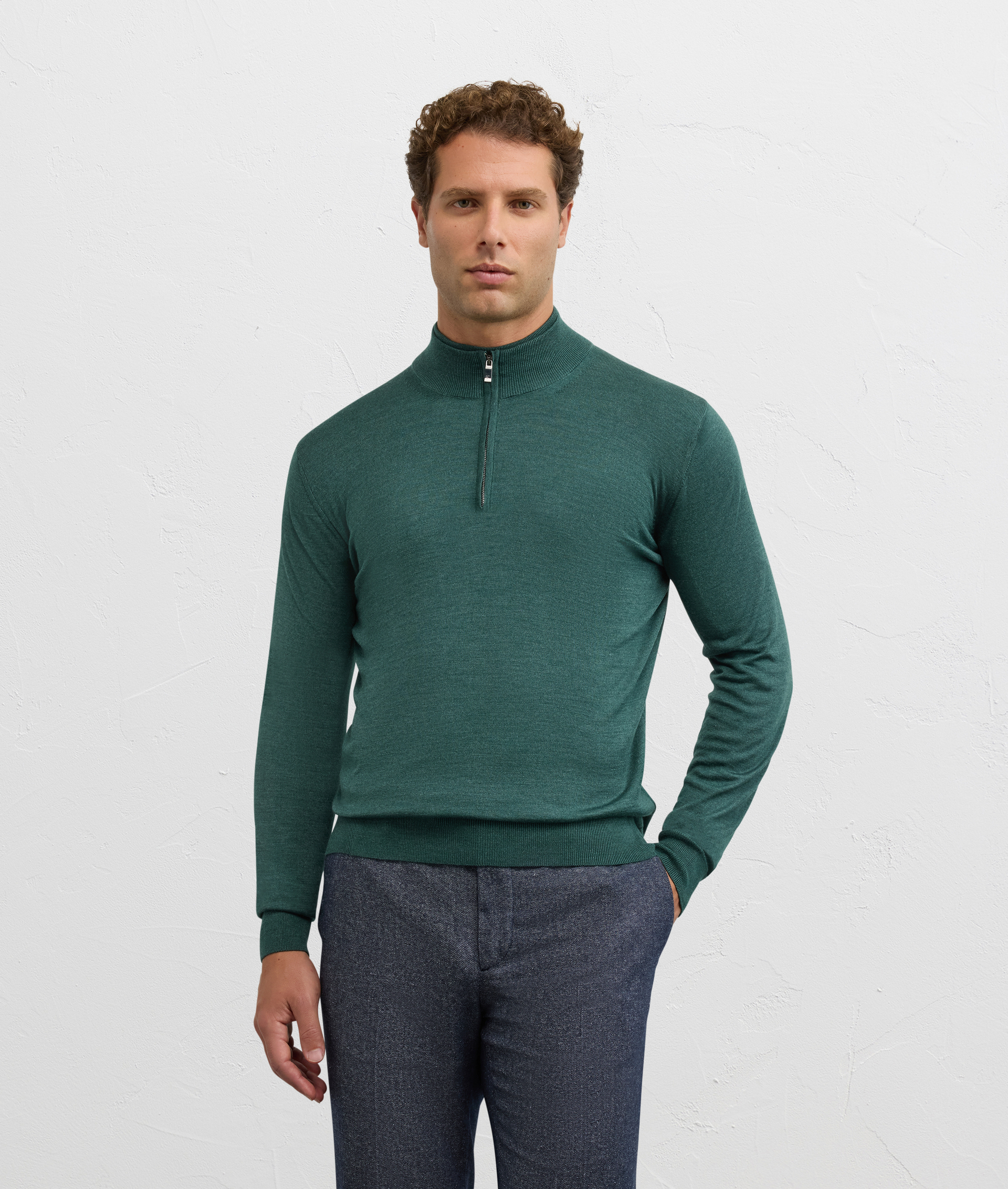 green virgin wool and silk sweater with stand up collar and half zip regular fit - Pal Zileri | Official Website