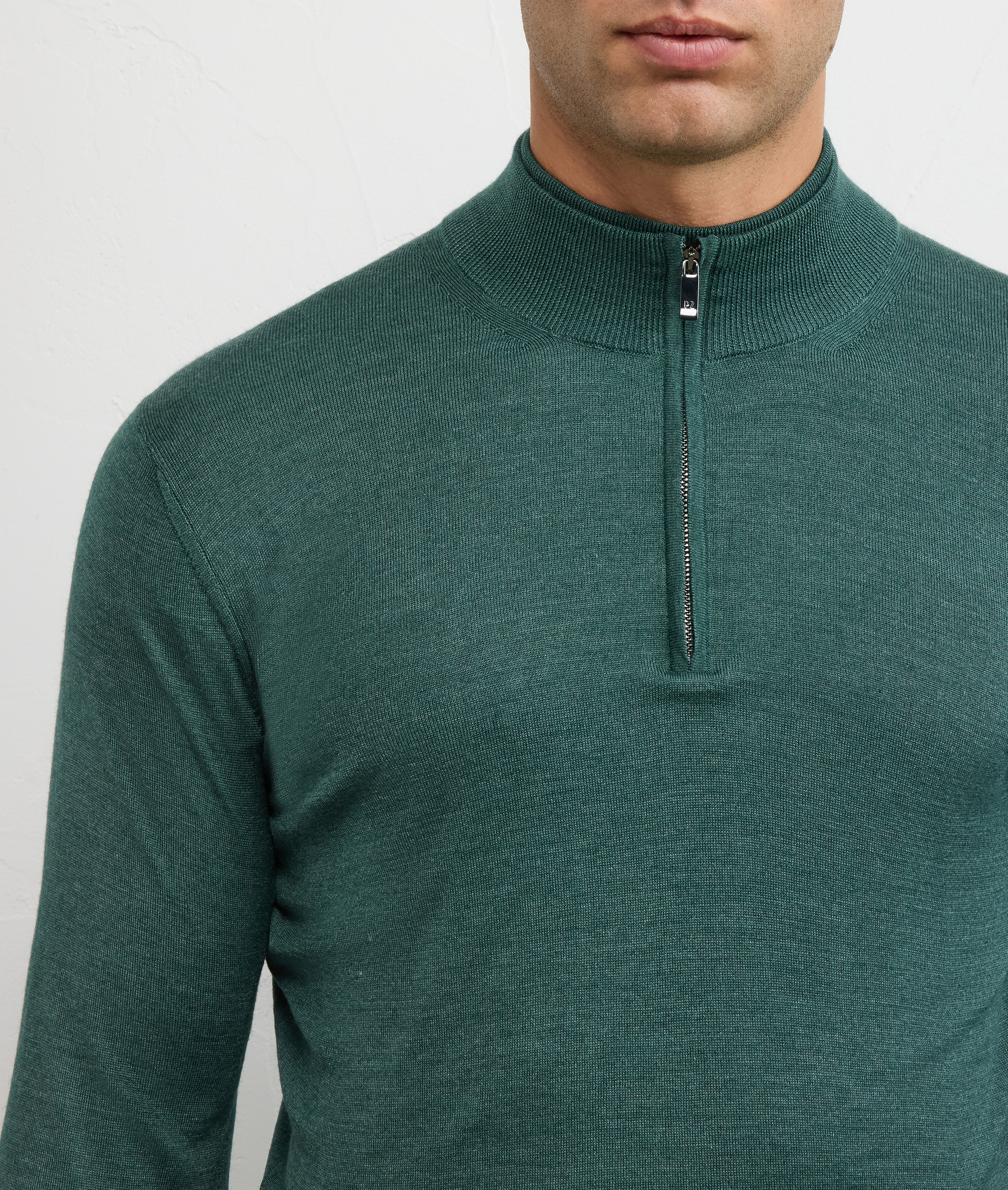 green virgin wool and silk sweater with stand up collar and half zip regular fit - Pal Zileri | Official Website