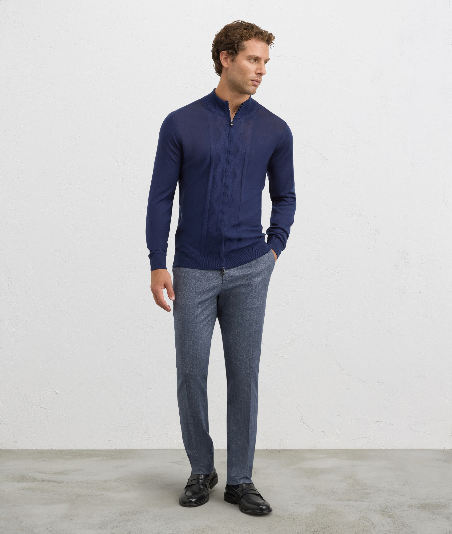 navy blue cardigan stand up collar regular fit in wool | Pal Zileri