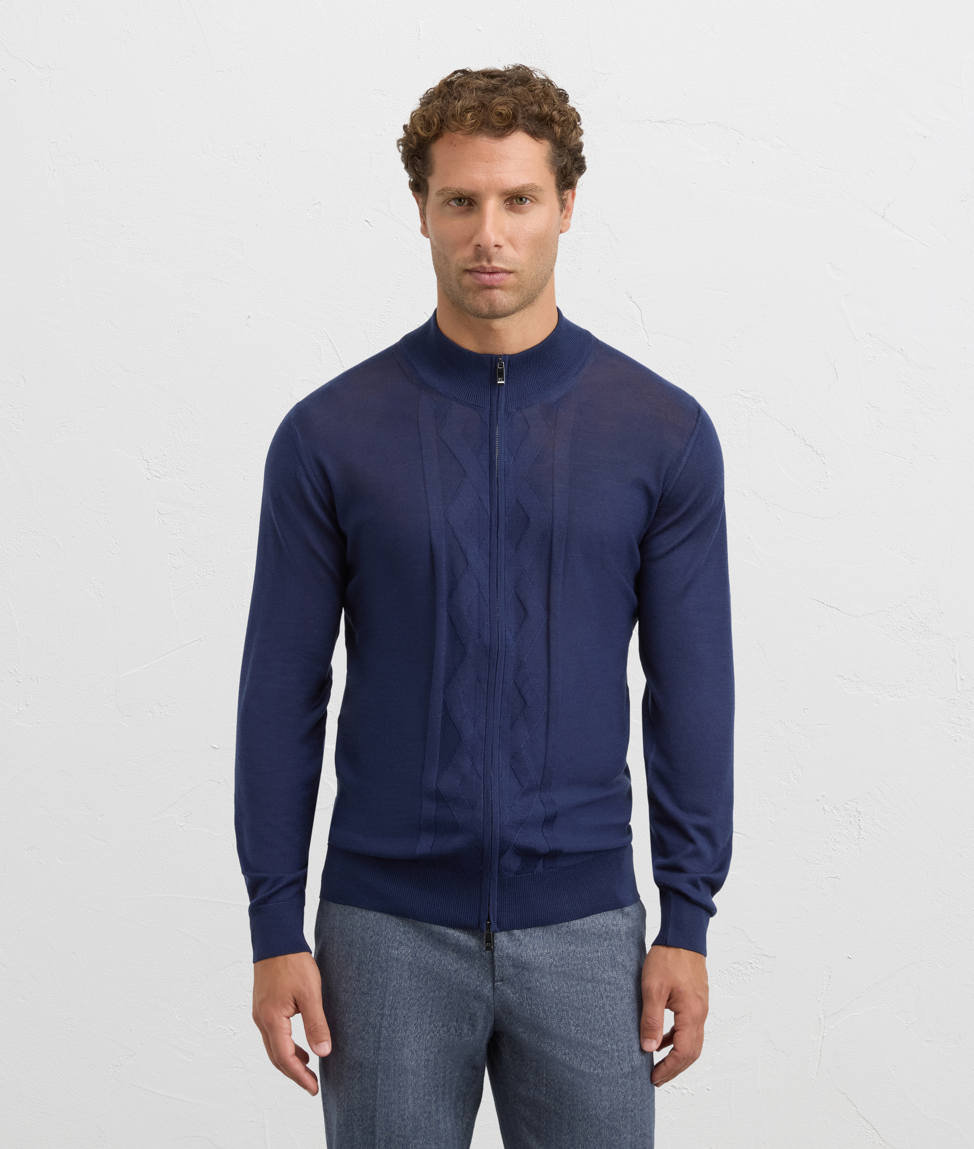 navy blue cardigan stand up collar regular fit in wool | Pal Zileri