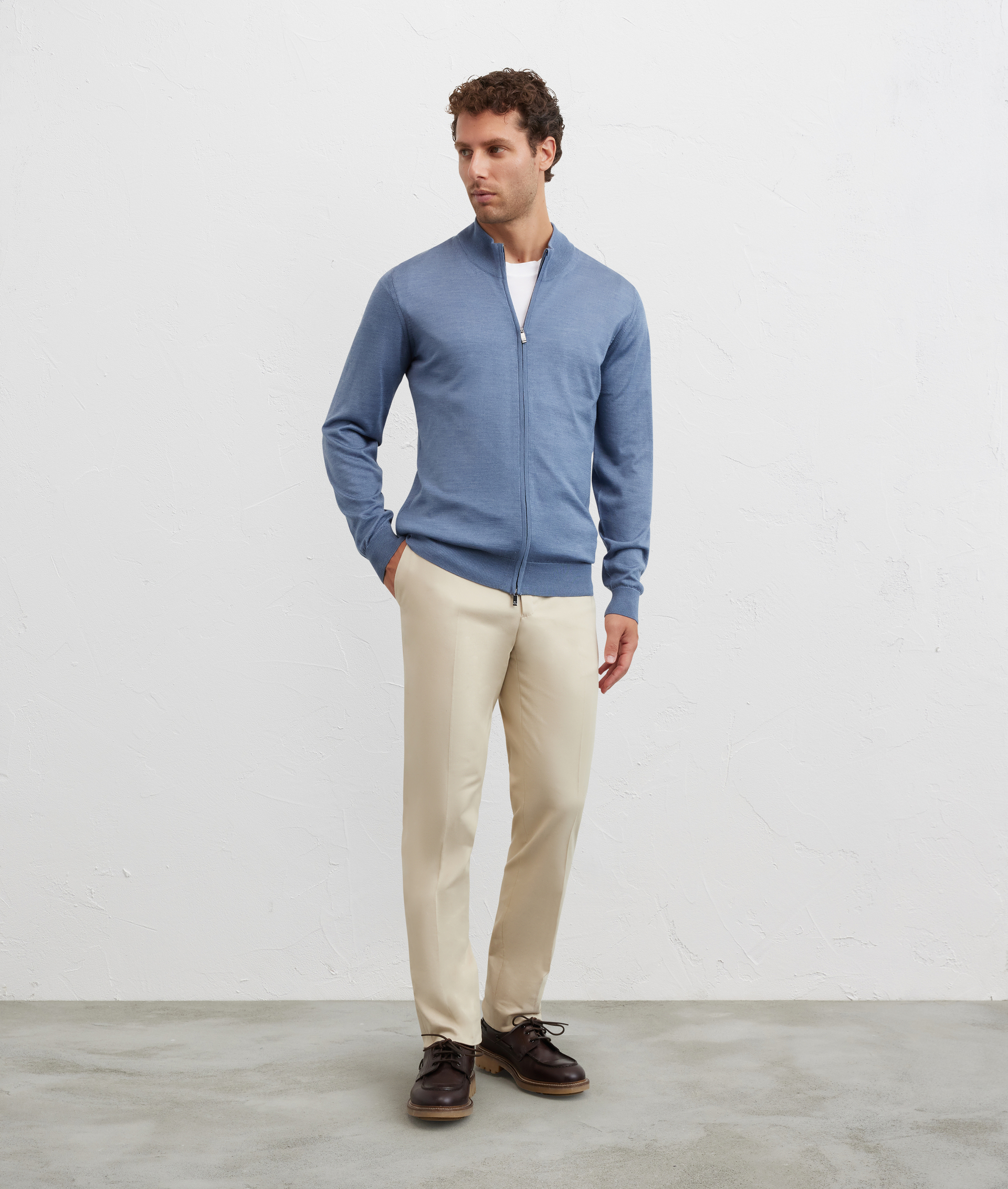 cardigan collo stand up regular fit in lana vergine e seta azzurro - Pal Zileri | Official Website