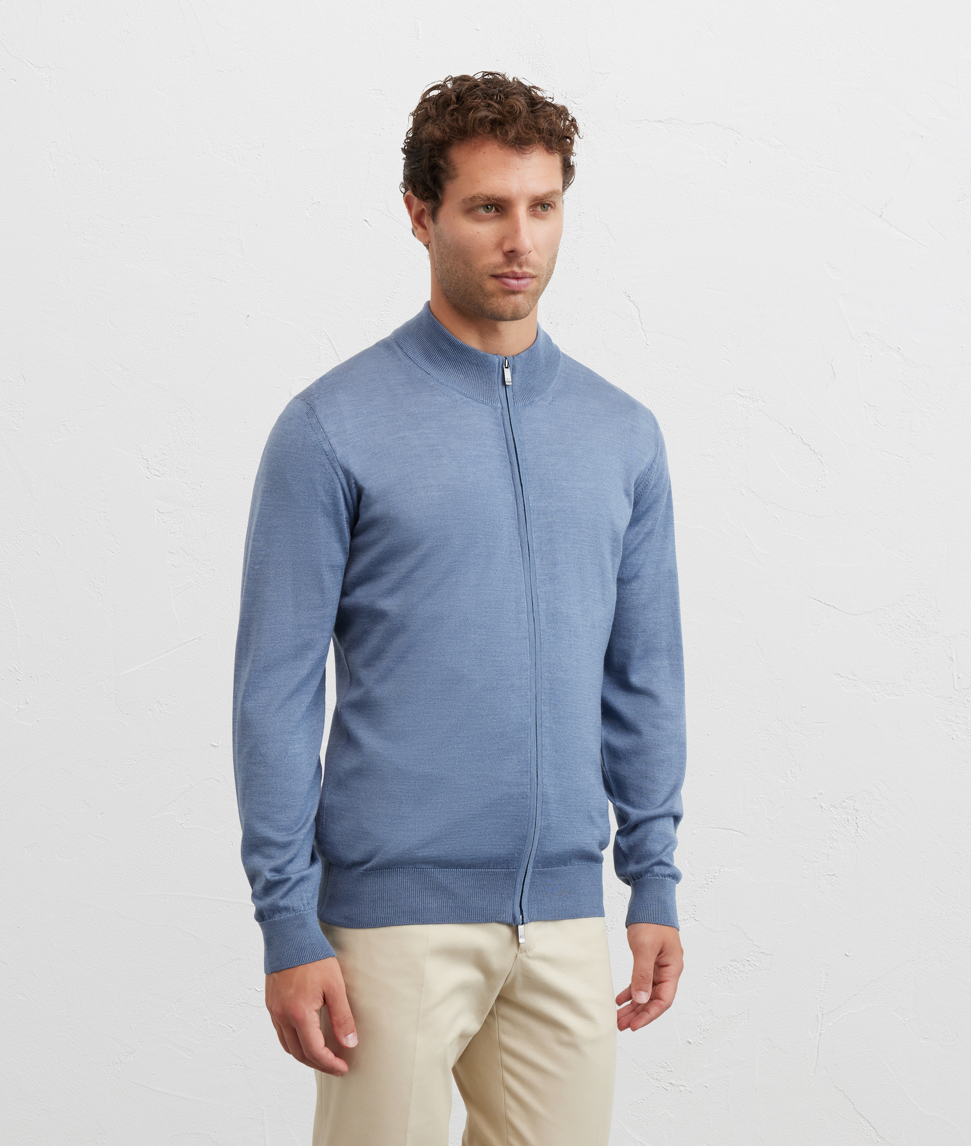 cardigan collo stand up regular fit in lana vergine e seta azzurro - Pal Zileri | Official Website