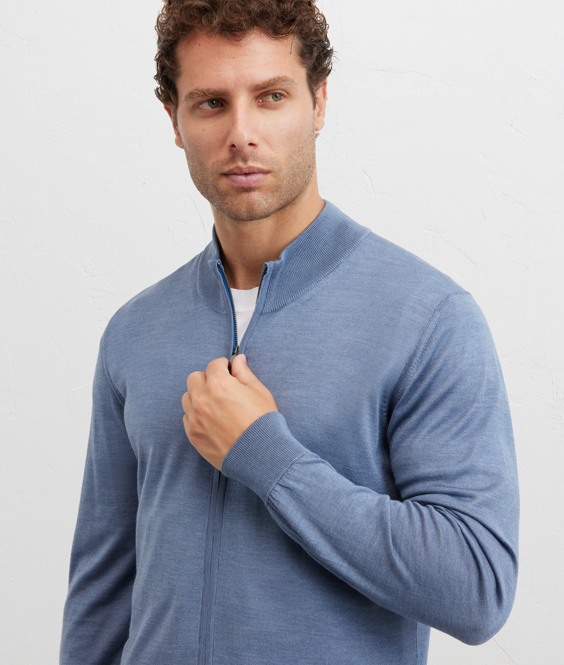 cardigan collo stand up regular fit in lana vergine e seta azzurro - Pal Zileri | Official Website