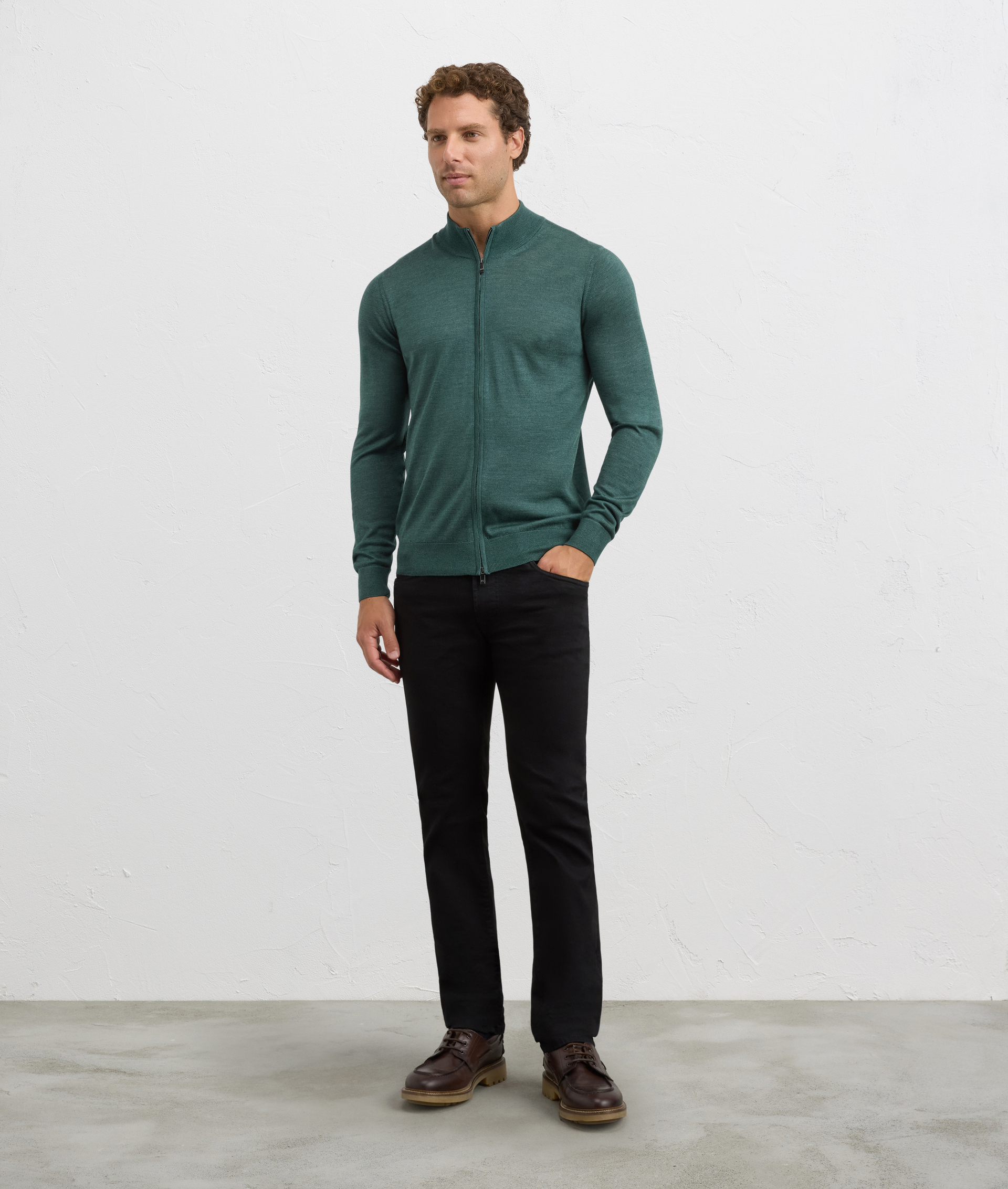 green cardigan stand up collar regular fit in silk and wool | Pal Zileri