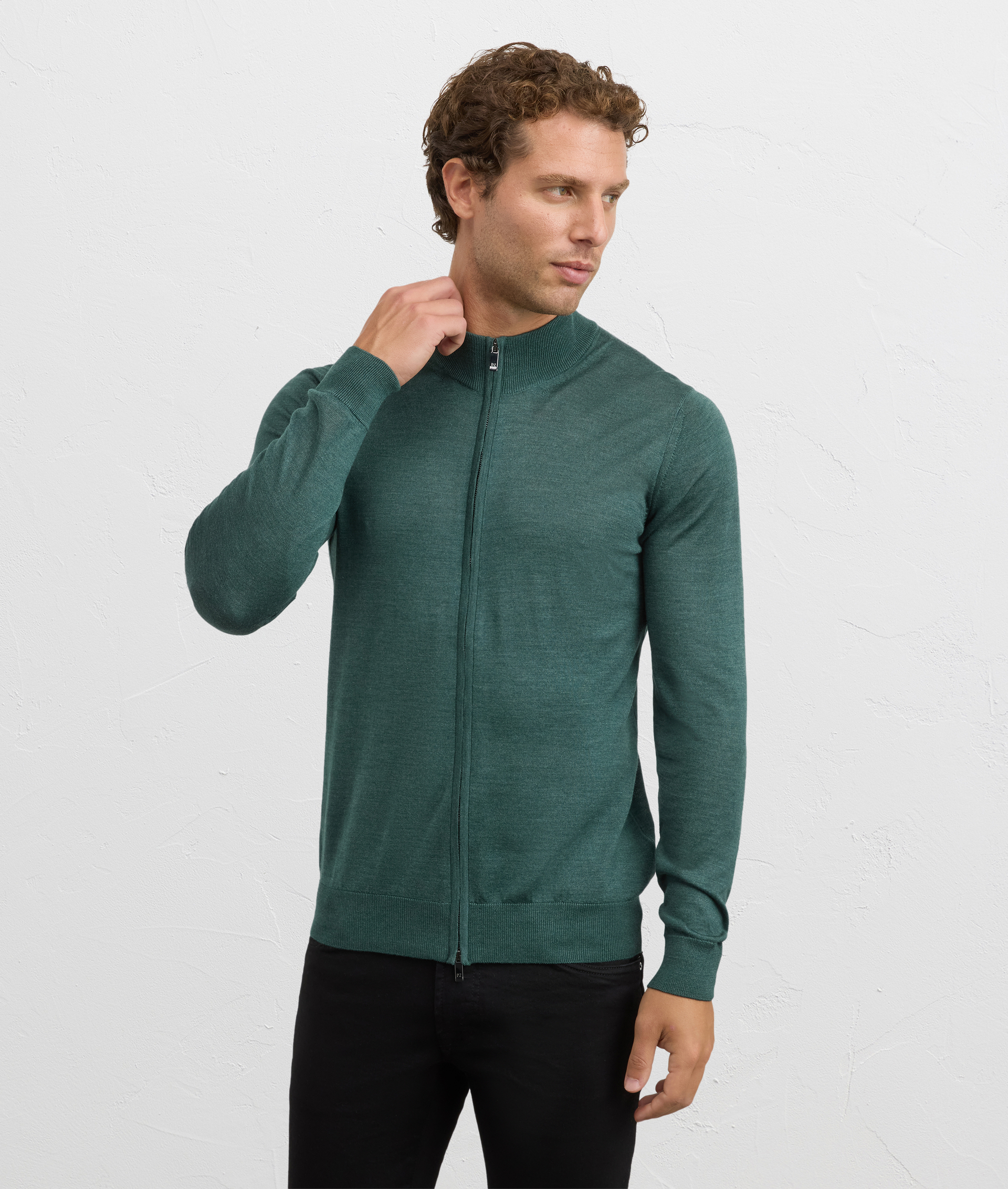 green cardigan stand up collar regular fit in silk and wool | Pal Zileri