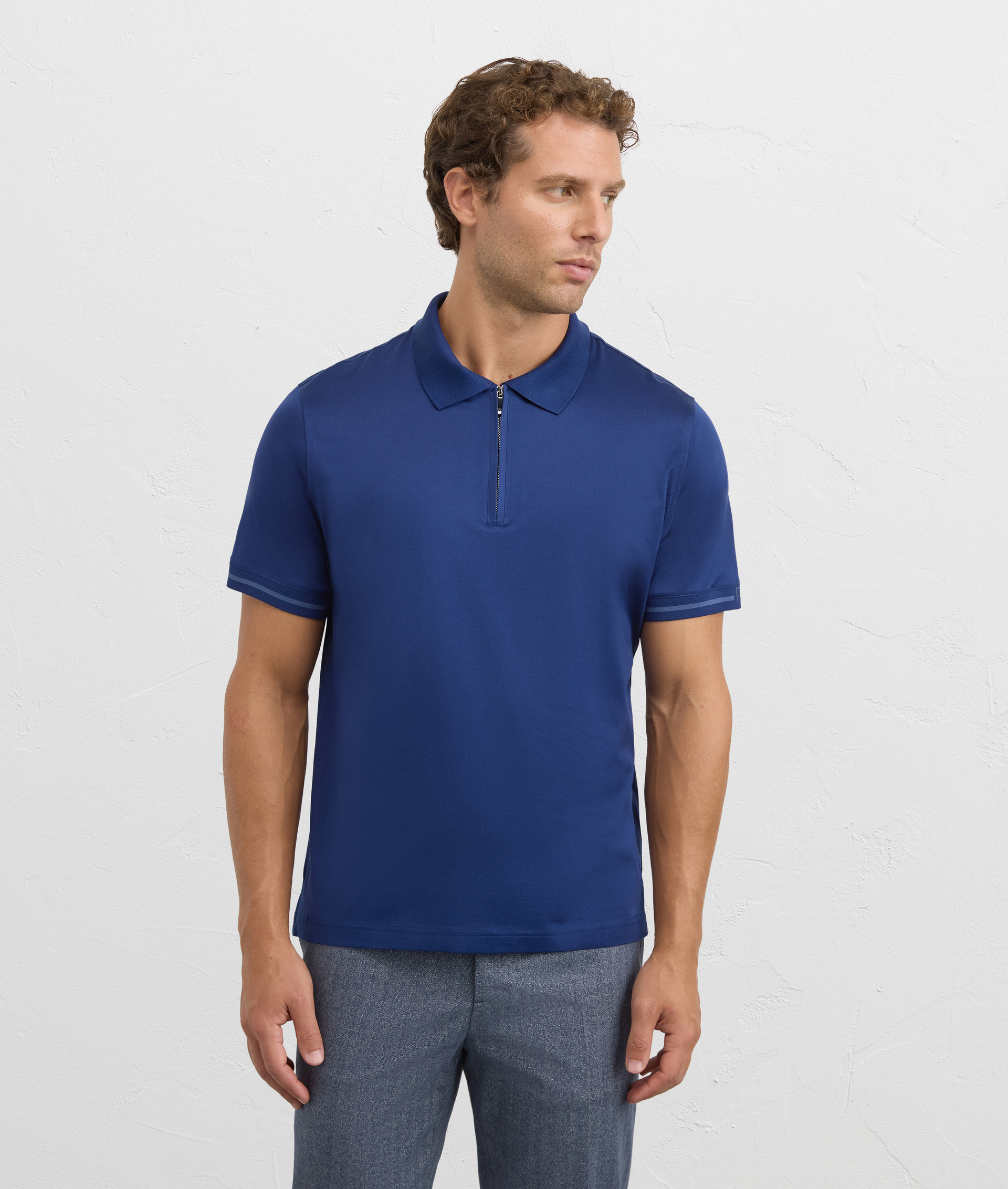 navy blue polo shirt with zip in pure mercerized cotton | Pal Zileri