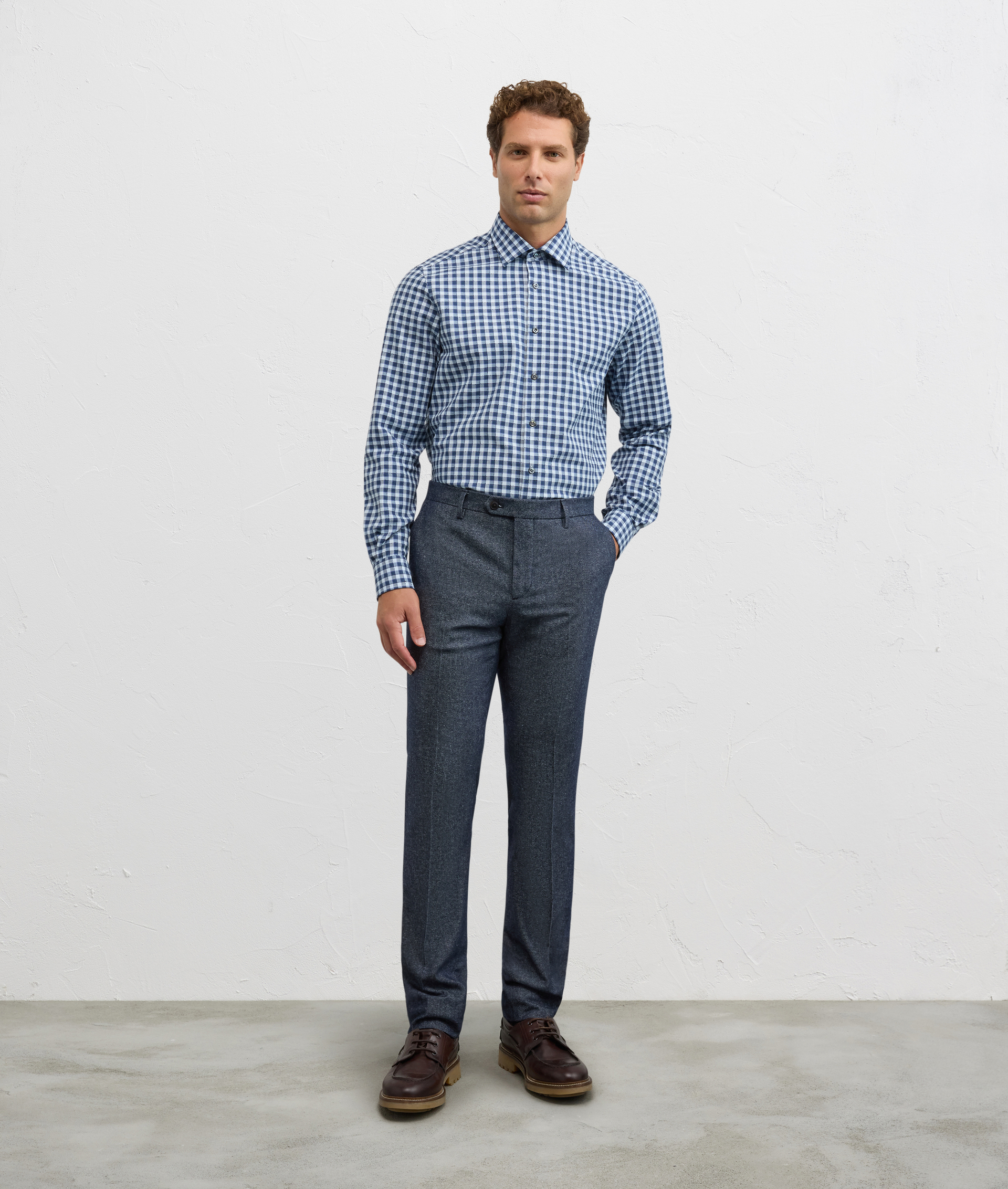 navy blue flat front trousers regular fit in cotton and elastane - Trousers - Pal Zileri | Official Website