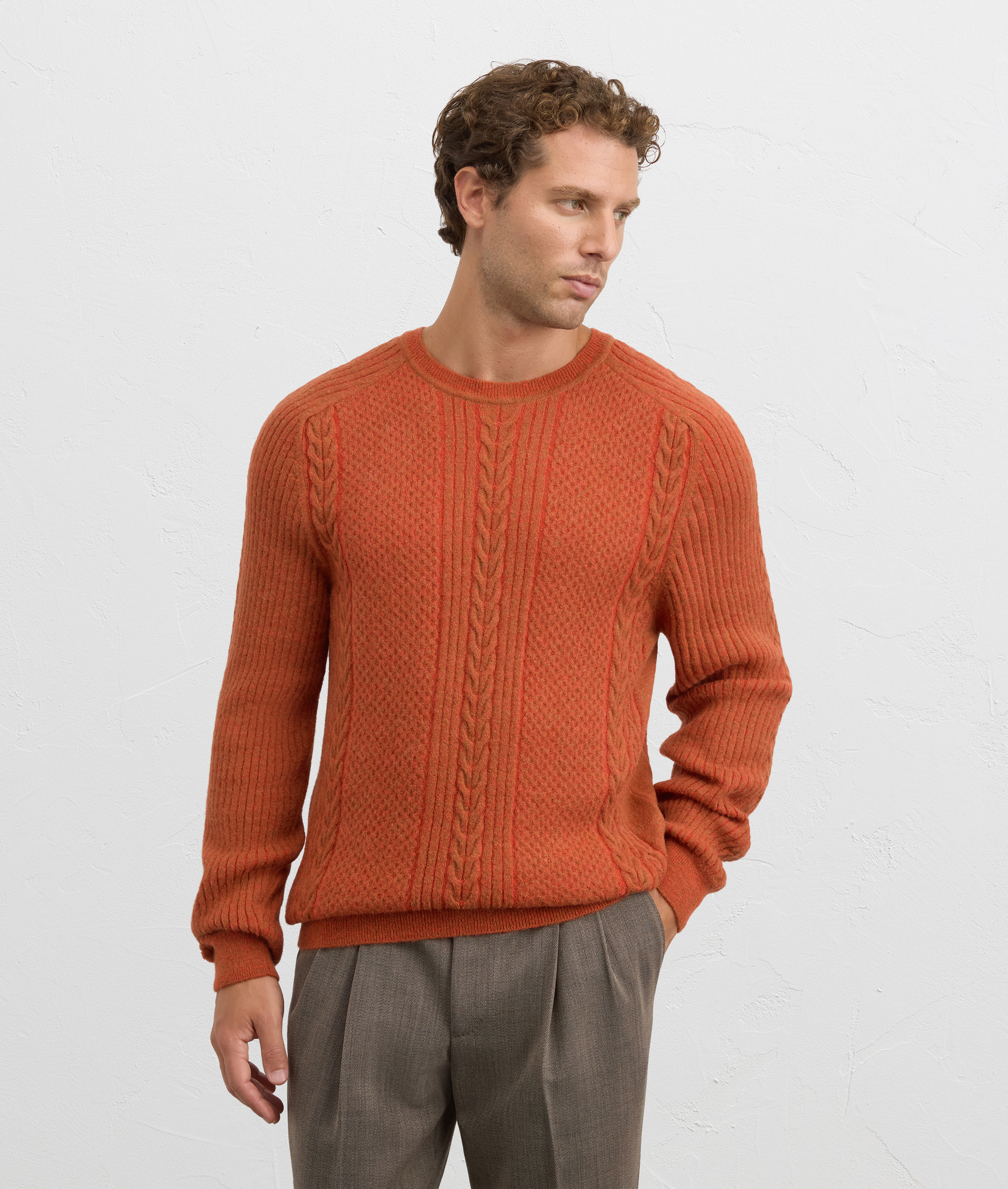 brown nylon and alpaca hammer sleeve crewneck sweater regular fit | Pal Zileri
