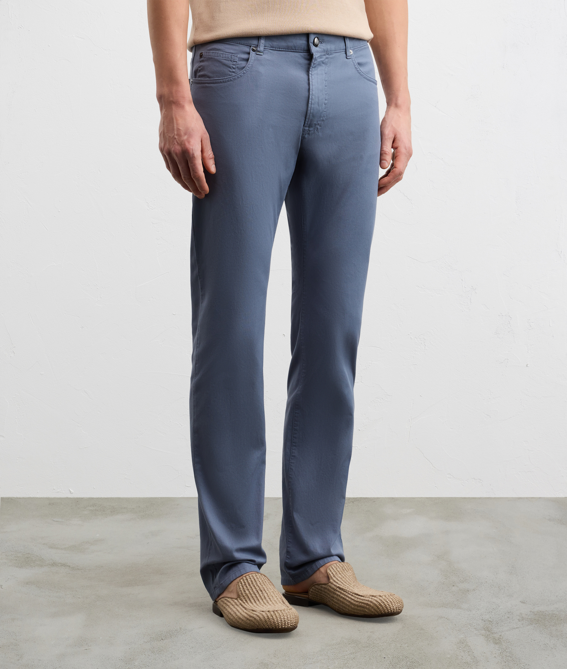 light blue garment dyed cotton and elastane five pocket trousers with ...